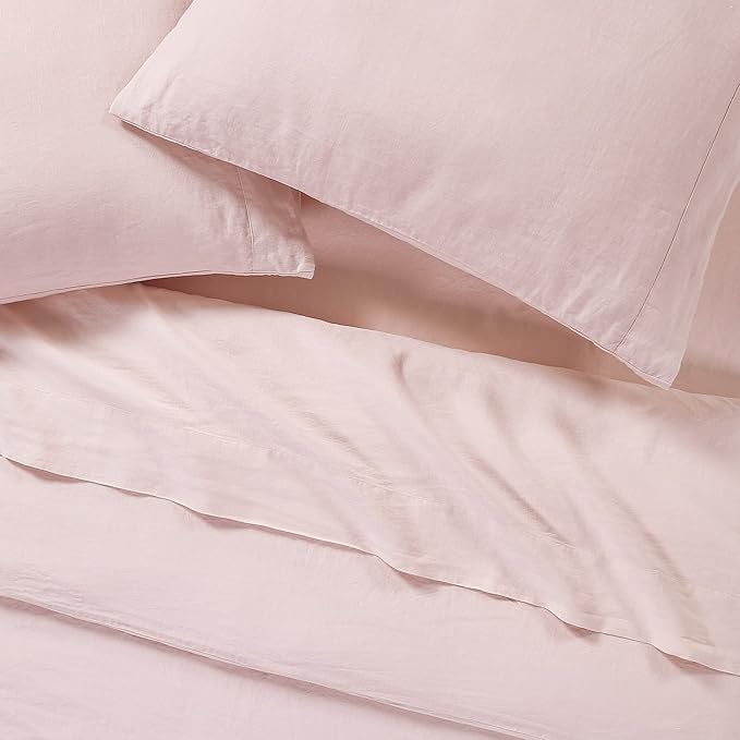 Sijo Stone Washed Organic French Linen Bed Sheet Set, GOTS Certified Organic, Best Cooling Linen Sheet Award by Sleep Foundation, 1 Flat Sheet Only (Blush, King/Cal King)