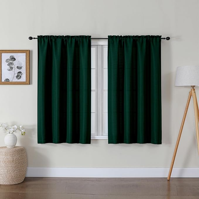 Lecloud Bessie Hunter Green Curtains 45 Inch Length 2 Pcs, Light Filteringn Airy Warm Faux Linen Textured Curtains, Durable Rod Pocket Window Treatments for Bedroom Laundry Room, Each 30" W x 54" L