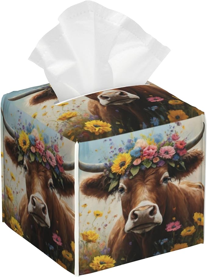 BLYKVGHQ Leather Tissue Box Holder Cow with Flowers Tissue Box Cover Facial Paper Case Organizer Cube Napkin Dispenser for Bathroom Vanity Countertop Night Stand Office Car