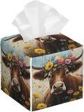 BLYKVGHQ Leather Tissue Box Holder Cow with Flowers Tissue Box Cover Facial Paper Case Organizer Cube Napkin Dispenser for Bathroom Vanity Countertop Night Stand Office Car