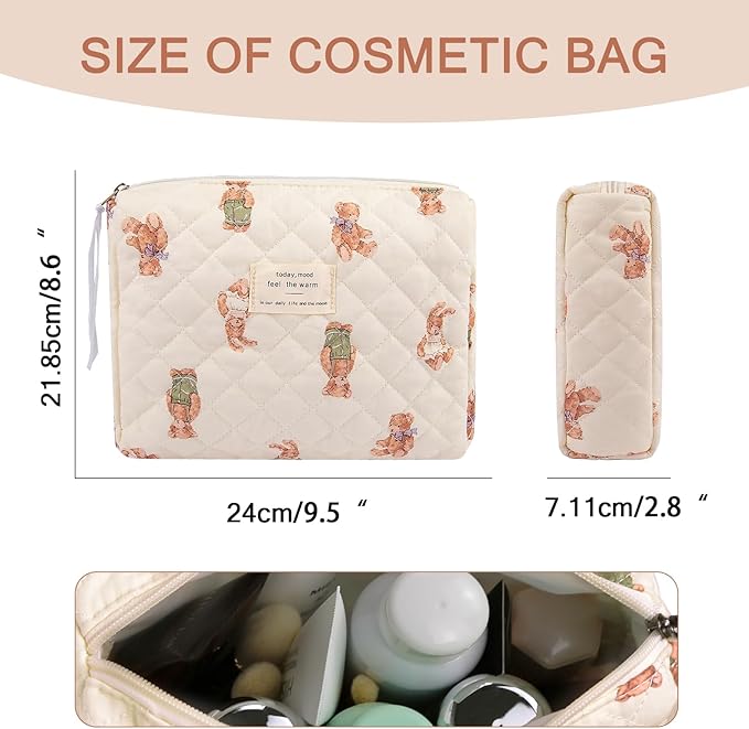 Gosect Floral Makeup Bag, Small Cosmetic Bag for Women Girls, Cute Cotton Makeup Bag, Quilted Makeup Bags, Flower Travel Toiletry Organizer Bag (White Bear)