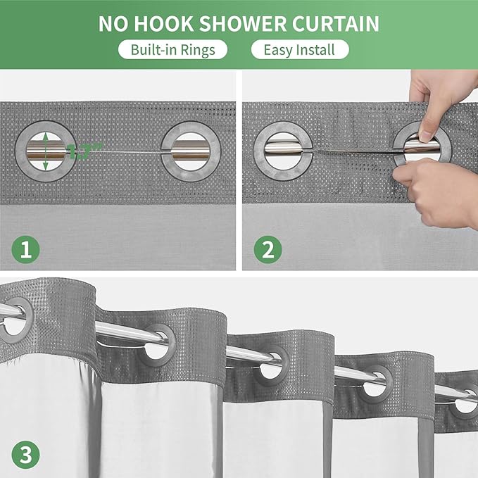 eachope Stall No Hook Shower Curtain with Snap-in Fabric Liner Set,Waffle Weave Shower Curtains for Bathroom,Hotel Luxury Decor Bathroom Curtain Set,Waterproof & Washable,Grey,36Wx74H