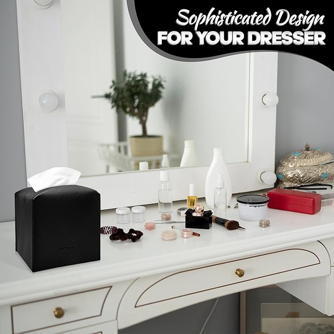 Tissue Box Cover Holder, PU Leather Tissue Box Cover Square with Bottom Belt, Cube Tissue Holder for Bathroom, Modern Organizer for Car, Office, Tabletop (Black, 14 Leather Patterns)