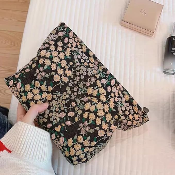 SxoSyo Cosmetic Bags for Women Makeup Bag Embroidery Large Capacity Purse Travel Toiletry Zipper Pouch Make up Brushes Organizer for Gifts (mini Flowers, Black)