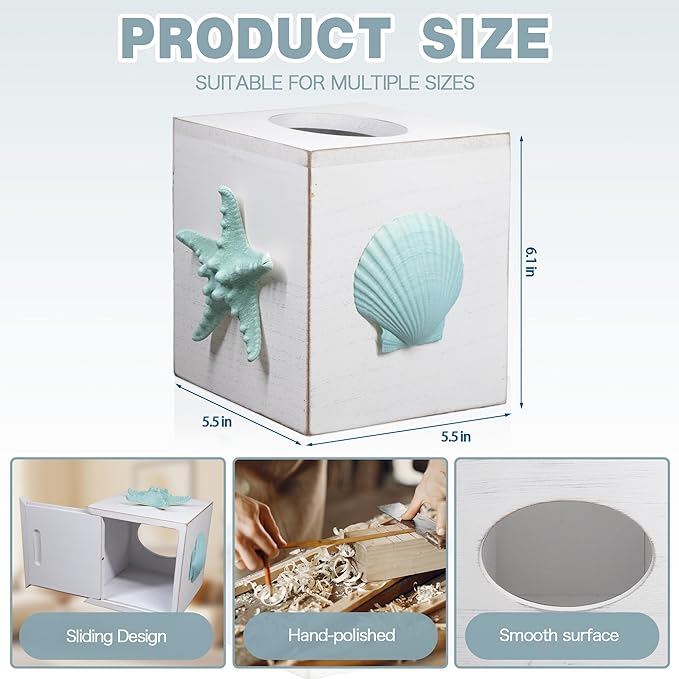 Tissue Box Cover Square, Beach Tissue Box Holder with Slide-Out Bottom, Decorative Wooden Wall Mounted Starfish Tissue Holder for Desktop Nightstand Bathroom Office, Modern Beach Home Decor