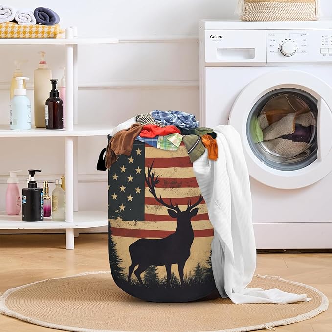 American Flag Deer Laundry Basket with Sturdy Handles, Memorial Day Patriotic Collapsible Oxford Cloth Laundry Hamper Organizer Basket for Bathroom Bedroom 15.7x20 Inch