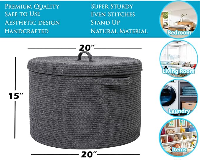 Cottonphant 20" x 20" x 15" Extra Large Storage Basket with Lid, Cotton Rope Storage Baskets, Laundry Hamper, Cloth Bin, for Clothes Towels Blankets Pillows Storage in Living Room, All Dark Grey