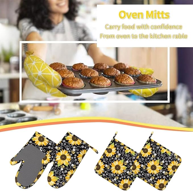 Sunflower Bees Oven Mitts and Pot Holders with Apron Set of 5 Silicone Sunflowers Kitchen Mitten Gloves and Non-Slip Potholders Cooking Apron Set Heat Resistant Oven Gloves Hot Pads for BBQ