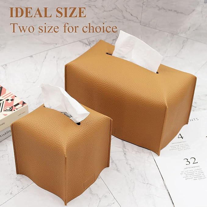 Livelab Tissue Box Cover, Modern Decorative PU Leather Rectangular Tissue Box Case Organizer Holder for Vanity Countertop, Night Stands, Livingroom, Office Desk & Car 9.5X5X5'' | Camel