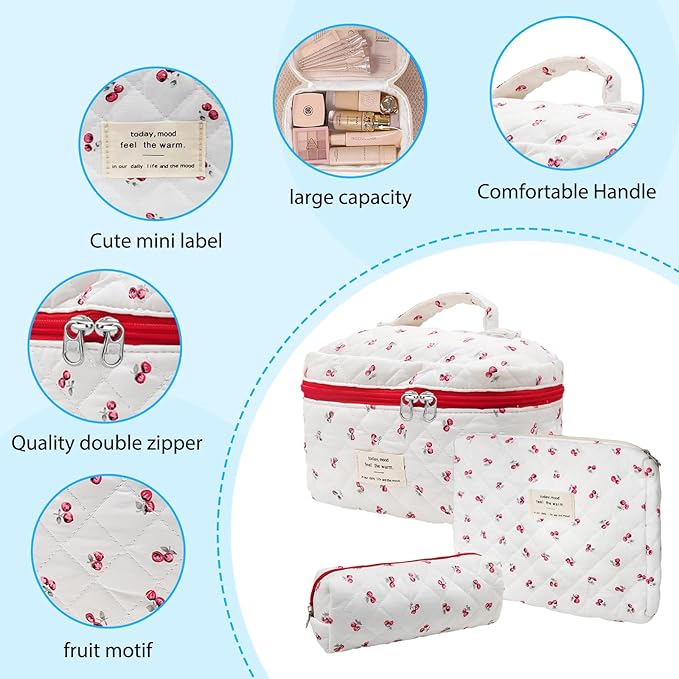 Cozomga Quilted Makeup Bag, Large Capacity Travel Cosmetic Bag for Women and Girls, Aesthetic Storage for Daily and Travel Use (3pcs-Cherry)