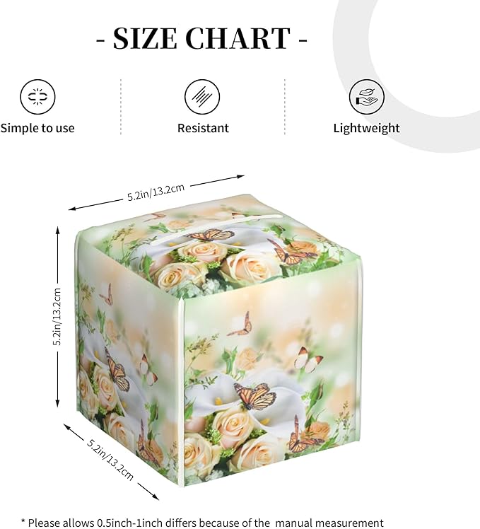Rose Flowers and Butterfly Tissue Box Cover Square,Yellow Roses Floral Tissue Box Holder Waterproof Leather Facial Paper Organizer Dispenser for Bathroom Home Car Nightstand Vanity Desk