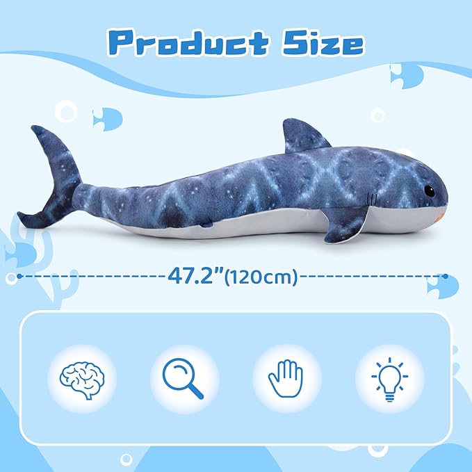 Tezituor 4ft Giant Whale Shark Stuffed Animal, S-Shape Stuffed Shark Plush Toy for Boys Girls, Hugging 47inches Soft Long Ocean Whale Shark Plush Body Pillow for Sleeping