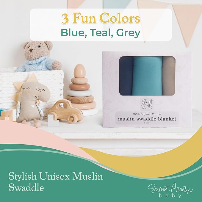 Sweet Acorn Muslin Swaddle Blanket – Soft Cotton Muslin Baby Blanket for Newborns, Infants, and Toddlers, All-Season Comfort Baby Essential - Blue, Teal, Grey