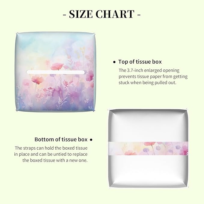 Watercolor Colored Pastel Boho Floral Tissue Box Cover Square Leather Tissue Holder Waterproof Facial Paper Organizer Dispenser Cube Paper Cover Case for Home Office Bathroom Vanity Countertop