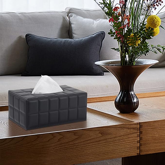 XNONE Tissue Box Cover Rectangle Tissue Box Holder PU Leather Facial Organizer with Magnetic Bottom,Decorative Napkin Caddy for Vanity Dresser Night Stand Table Countertop Home Office Car,Black