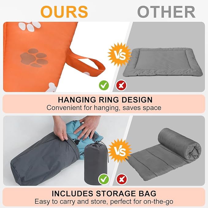 BEAUTYZOO Outdoor Dog Bed Waterproof, Camping Dog Bed Reversible, Portable Travel Bed with Carry Bag- Machine Washable, Durable, Foldable Outdoor Pet Bed Mat for Medium Large Dogs, 35" x 51" Orange