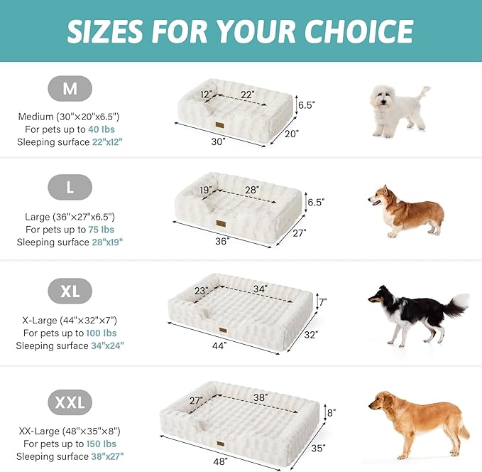 COZY KISS Orthopedic Dog Bed for Extra Large Dog, Soft and Warm Faux Fur Sofa for Giant Pet Up to 150 lbs, Foam Bolster Anti-Slip Couch with Washable Removable Cover, XXL 48x35x8 inch, Beige