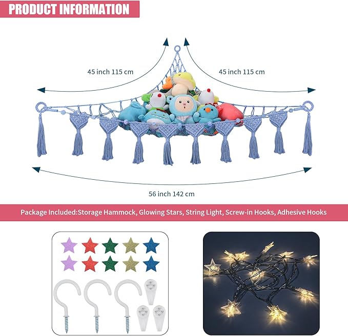 iHansee Stuffed Animal Hammock Corner - 56'' Jumbo 5mm Double Macrame Cord Handcrafted Stuffed Animal Net - 100% Natural Cotton Toy Hammock Holder - Cornflower Blue Stuffy Plushie Net w/LED Star Light