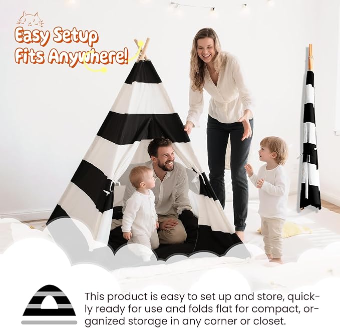 xiaowantong Teepee Tent for Kids with Padded Mat, Lights, and Carry Bag, Washable Playhouse for Indoor Use, Ideal Play Tent for Girls and Boys, Stripe Black