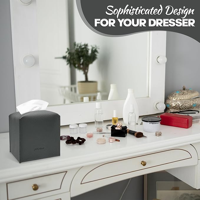 Tissue Box Cover Holder, PU Leather Tissue Box Cover Square with Bottom Belt, Cube Tissue Holder for Bathroom, Modern Organizer for Car, Office, Tabletop (Charcoal, 14 Leather Patterns)