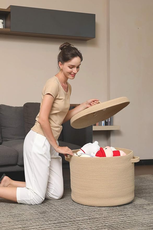 20" x 20" x 15" Extra Large Storage Basket with Lid, Cotton Rope Storage Baskets, Laundry Hamper, Cloth Bin, for Clothes Towels Blankets Pillows Storage in Living Room, All Beige
