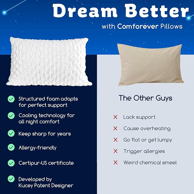 KUCEY Cooling Side Sleeper Pillow for Neck and Shoulder Pain, Luxury Shredded Memory Foam Curved Bed Pillows for Sleeping Set of 2- Adjustable King Size- Washable Cover Crescent White