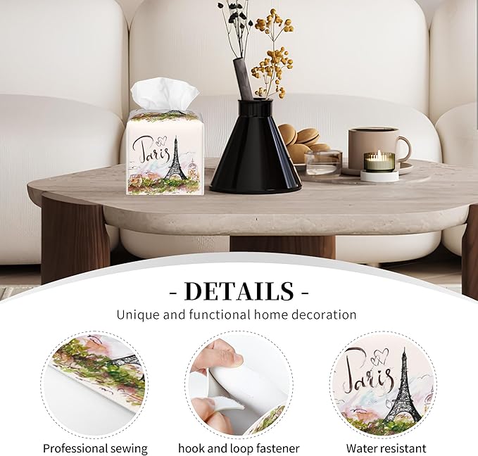 POIUBLE Leather Tissue Box Holder Paris Eiffel Tower Tissue Box Cover Square Waterproof Tissue Holder Organizer Modern Napkin Holder for Bedroom Dresser Night Stand Office Desk