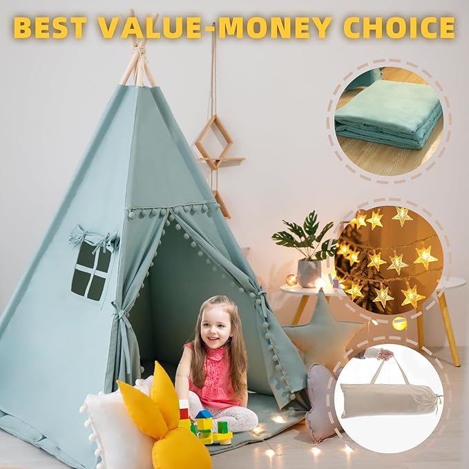 RONGFA Teepee Tent for Kids with Mat, Star Lights, Carry Case, Cotton Canvas Playhouse, Foldable Tents, Portable Children Play Tent Indoor Outdoor (Jewelry Blue)