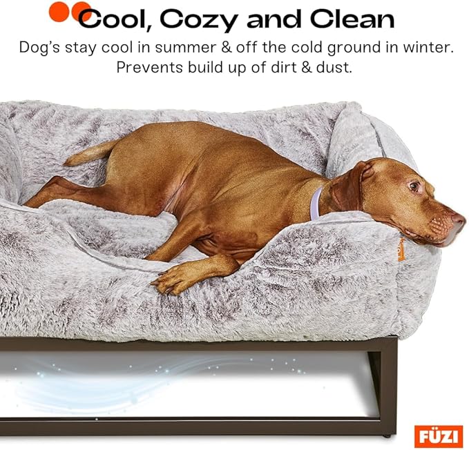 FUZI Elevated Dog Bed Small with Extra Cover, Luxury Raised Dog Beds, Removable and Machine Washable Bed Cover, Indoor/Outdoor Orthopedic Pet Bed, Small 25.1x16.75x18 Soft White & Dark Brown Base