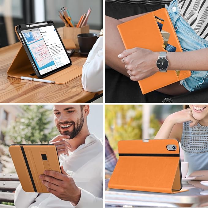 DTTO for iPad (A16) 11th Generation Case 11 Inch 2025, iPad 10th Generation Case 10.9 Inch 2022, Premium Leather Business Folio Stand Cover with Pencil Holder - Auto Wake/Sleep, Orange