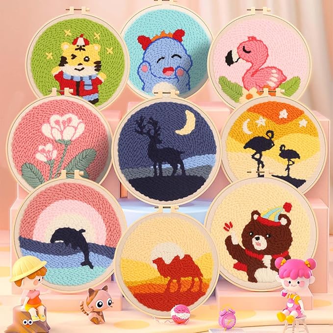 Allazone 3 Set Punch Needle Kits, 20cm Embroidery Starter Kits with Flamingos, Elk, Whales Pattern, Punch Needle Tool Threader Fabric Embroidery Hoop, Yarn for Crafts, Home Decor