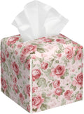 Pink Roses and Green Leaves Tissue Box Cover,Vintage Flowers Floral Waterproof Leather Square Tissue Box Cover Case Facial Paper Organizer Dispenser Box Holder for Home Office Bathroom Vanity