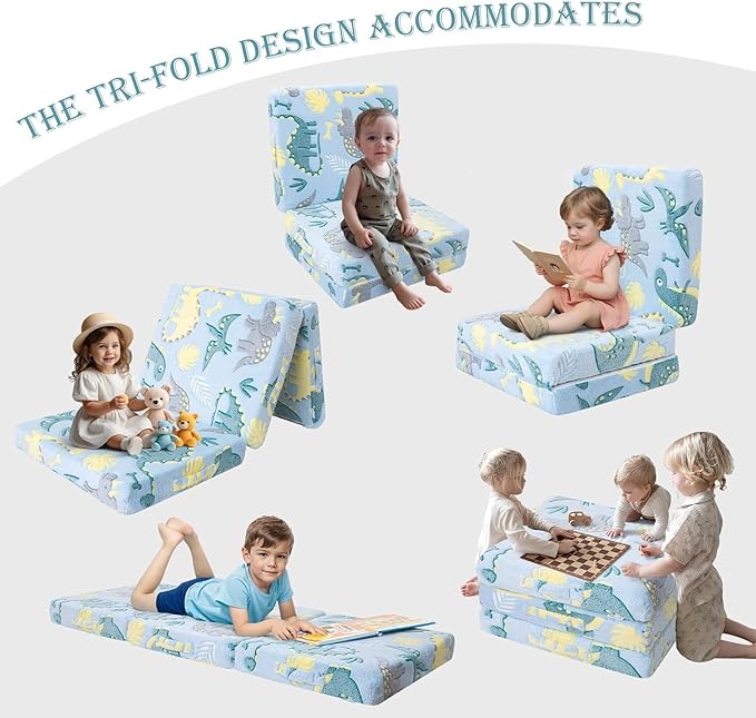MeMoreCool Glow Dinosaur Kids Foldable Floor Mattress Mat with Carry Bag, 3-in-1 Tri-Fold Futon, Soft Plush Glow Cover, Portable for Travel, Blue 63x26 Inch