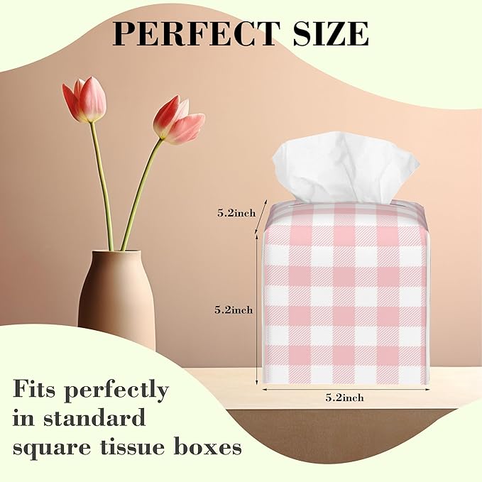 Pink and White Checkerboard Tissue Box Cover,Colorful Buffalo Check Plaid Waterproof Leather Square Tissue Box Cover Case Facial Paper Organizer Dispenser Box Holder for Home Office Bathroom Vanity