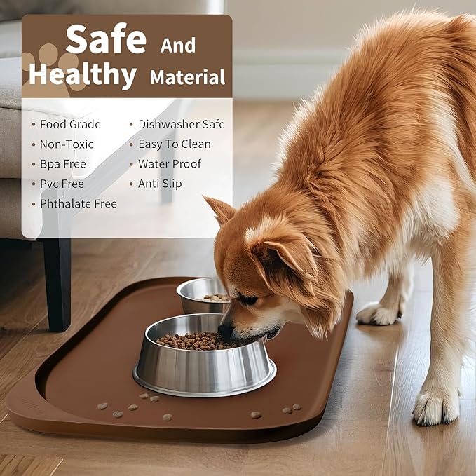 Smilool Silicone Pet Food Mat with Raised Edge for Food and Water Bowl, Dog Feeding Mats, Cat Food Trays for Floor Waterproof, Rubber Tray for Dogs and Cats, 17 x 12 x 0.7 Brown