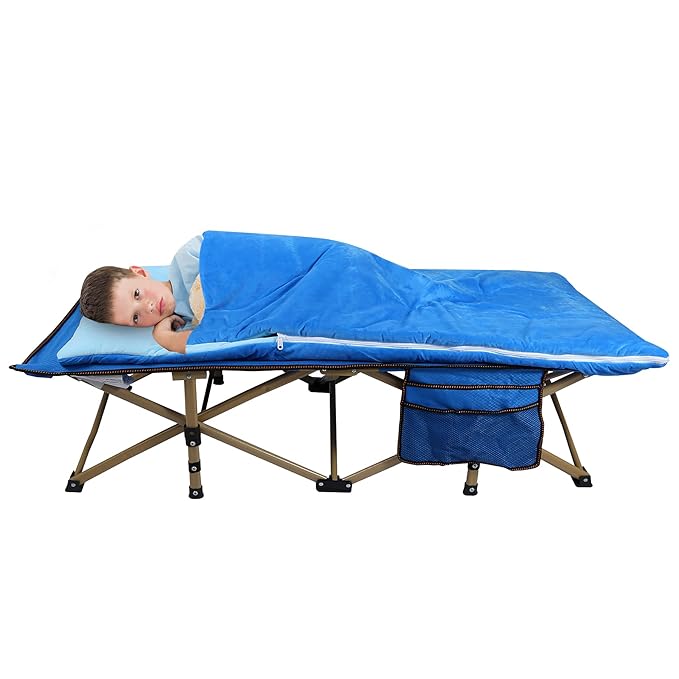 REDCAMP Extra Long Toddler cot with Sleeping Bag, Portable Kids Travel Bed for Sleeping, Blue 53''x26''