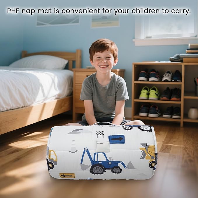 PHF Toddler Nap Mat with Removable Pillow and Minky Fleece Blanket, Rollup Design Warm Slumber Bags for Boys, 52"x20" Kids Sleeping Bag for Daycare Preschool Travel Camping, Truck and Digger