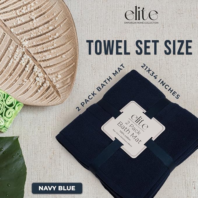 ELITE Emporium Home Collection 2-Piece Cotton Bathroom Mat Set, 21" x 34" - 100% Cotton, Absorbent, Quick-Dry, Bath Towel Mats for Floor, Navy Blue [Not a Bathroom Rug]
