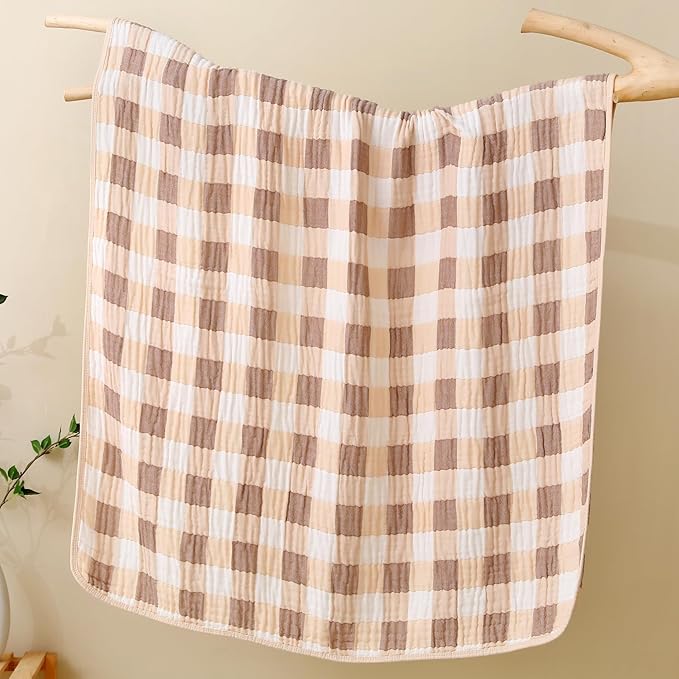 HardNok Ultra Soft Muslin Baby Blanket Made with Organic Cotton - Neutral Earth Tone Checkered Swaddle & Nursery Quilt, 43x43 (Beige-Coffee Checkered)