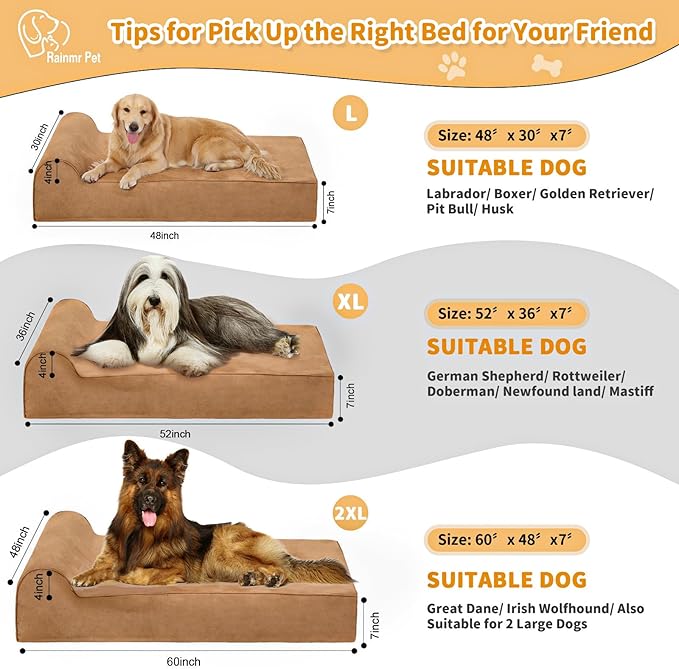 Rainmr Orthopedic Dog Beds for Large Dogs, 7" Memory Foam Dog Beds with Waterproof Liner, Durable Microsuede Cover, Removable and Washable, Nonskid Bottom, 52"x36"x7" XL Khaki