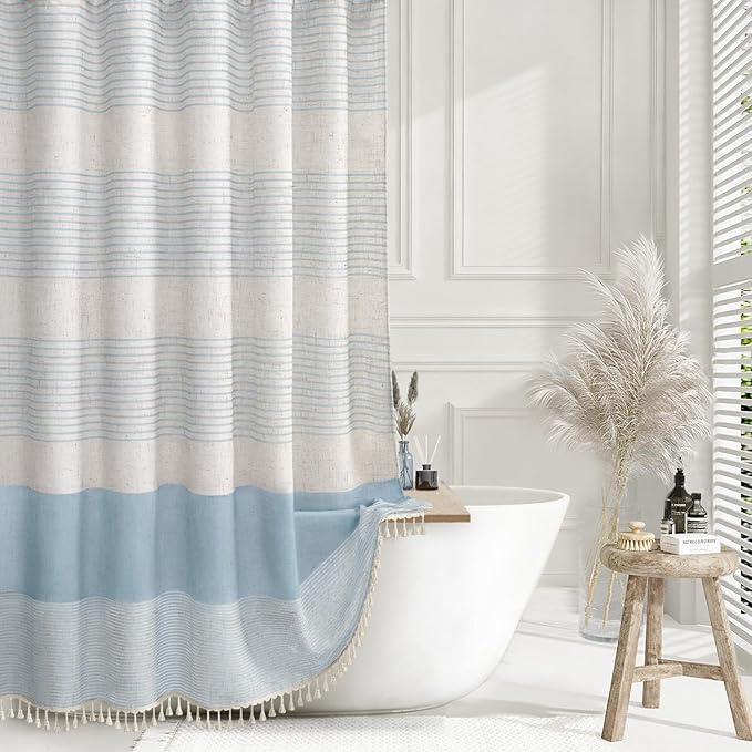 XOGUIBO Aqua Blue Shower Curtain Linen Coastal Ocean Striped Shower Curtains for Bathroom with Tassel 72 X 72