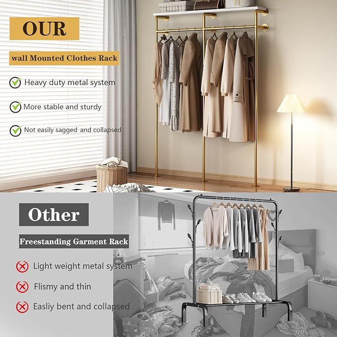 KAILNKISS Industrial Pipe Clothing Rack, Wall Mounted Clothes Rack Gold Clothing Rack with Shelf Wardrobe Multi-Purpose Storage Clothes Hanging Shelf-59''L Gold