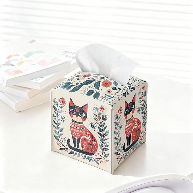 Cat Tissue Box Holder, Nordic Cat Leather Tissue Box Cover Square, Paper Napkins Everyday Dispenser Accessories for Bathroom Vanity Countertop Night Stands Kitchen Office Car Home Decor