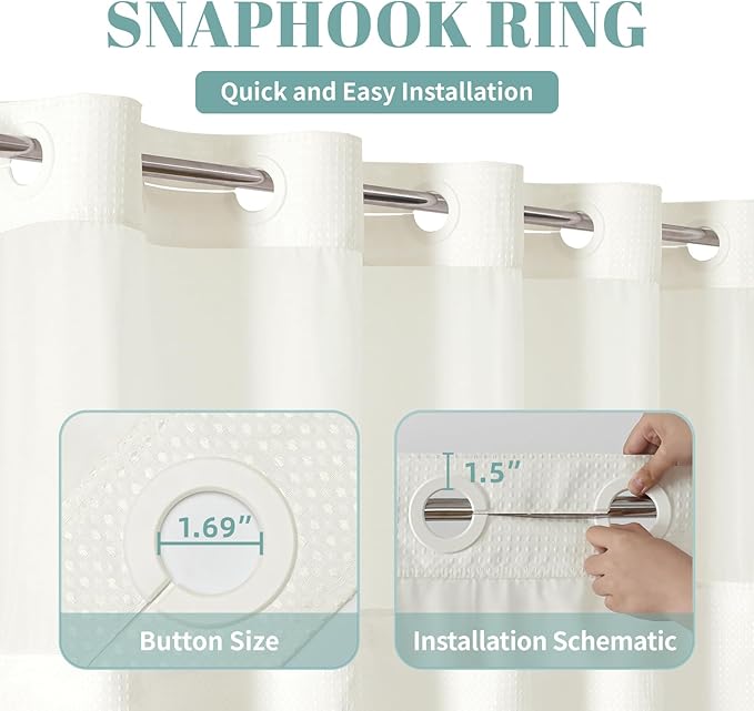 eachope Cream No Hook Waffle Weave Shower Curtain with snap-in Liner Replacement, 230GSM Waterproof Fabric Hotel Shower Curtain Set for Bathroom, Through Mesh Top Window,71Wx77H