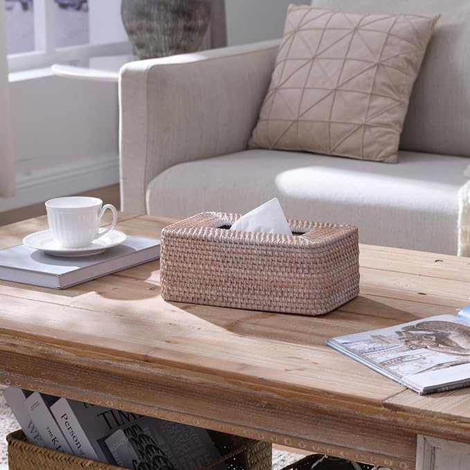 Rattan Tissue Box Cover, Rectangle Wicker Tissue Box Holder, Boho Tissue Box Cover for Living Room, Bathroom, Kitchen, Bedroom, 10.2 x 6.1 x 4.1 inch, Whitewash