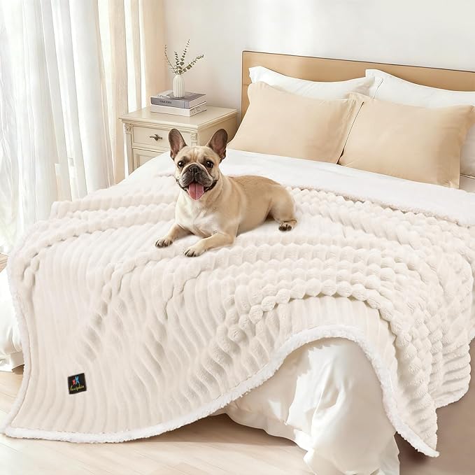 Luciphia Waterproof Dog Blanket for Large Dogs Ultra-Soft Calming Cut Pile Flannel Throw Durable & Warm Furniture Protection for Couch Bed Pet Blanket Machine Washable Soft White,L(65''x57'')