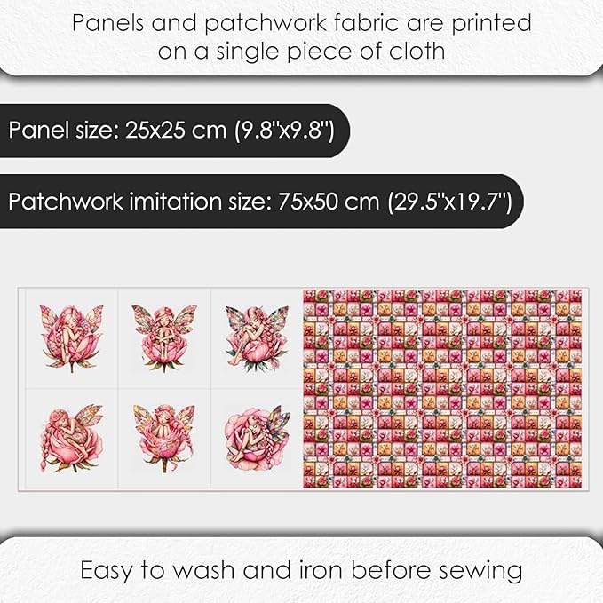 ‍ Pink Fairy Patchwork Cotton Fabric Panel – 6 Designs (10×10 inch Each) + Bonus Patchwork Sheet 29.5×19.6 inch, 100% Cotton 140 GSM