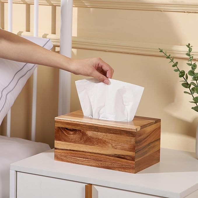 CATORY Tissue Box Cover, Acacia Wood Tissue Box Cover Rectangle, Tissue Box Holder Rectangular Covers Your Tissues, Decorative Tissue Box Cover with Slide-Out Bottom