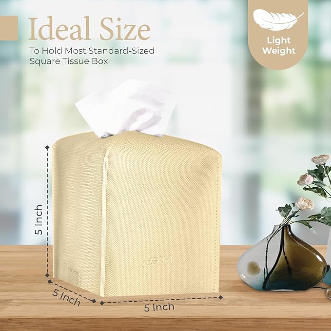 Tissue Box Cover, PU Leather Tissue Box Holder with Bottom Belt, Modern Square Tissue Box Covers with Wide Opening (Beige, Woven Patterns)
