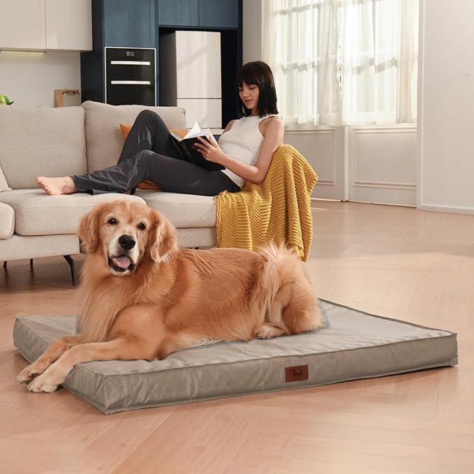 Tail Stories Outdoor Orthopedic Dog Bed for Medium Dogs & Cats, Waterproof Flat Pet Mat with Egg Crate Foam & Washable Removable Oxford Cover, 30x20 Inch, Khaki